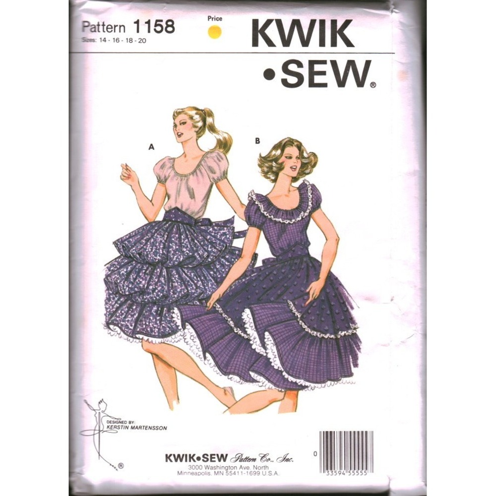 Kwik Sew 1158 Square Dance Dress Pattern Ruffled Skirt Raglan Sleeve Size 14-20